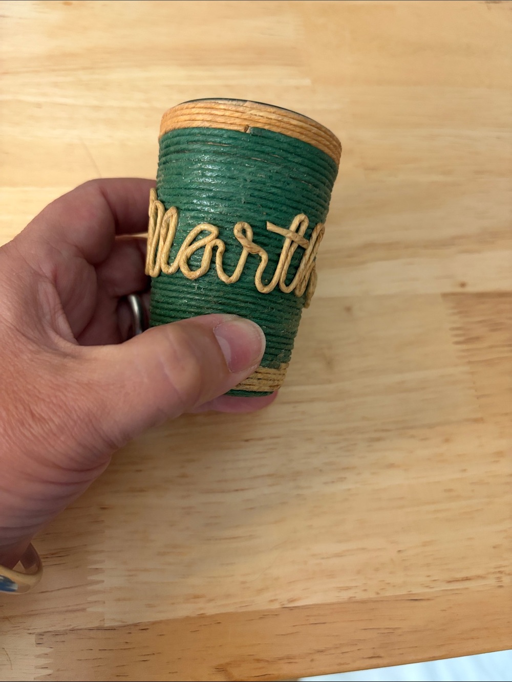 Green Woven Accent Mug with Natural Trim